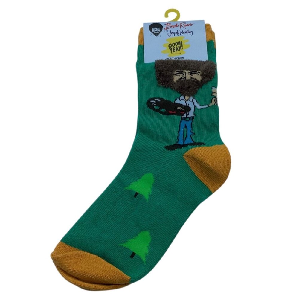 Bob‎ Ross Happy Little Trees Crew Socks Youth Shoe Size 1-5 Joy of Painting NEW